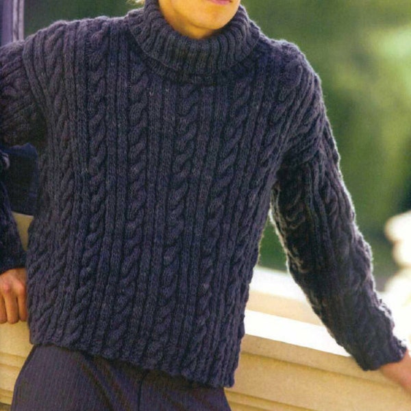KNITTING PATTERN Men's Sweater Cable Aran -- Men's Fisherman Cable Polo Neck Pullover -- Handknit Top Men - Instant PDF Download