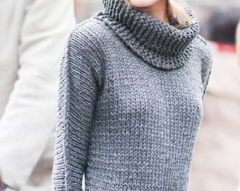 Easy Chunky Jumper + Cowl Knit PATTERN  - Simple Top Sweater Women Sizes S-XXL -- Vintage Pattern Instant PDF Download - Bulky Yarn