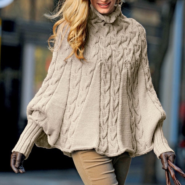 Zopfmuster Poncho Strickanleitung/Poncho mit Zopfmuster Damen/Poncho mit Zopfmuster/Vintage Strickmuster/Sofort PDF Download