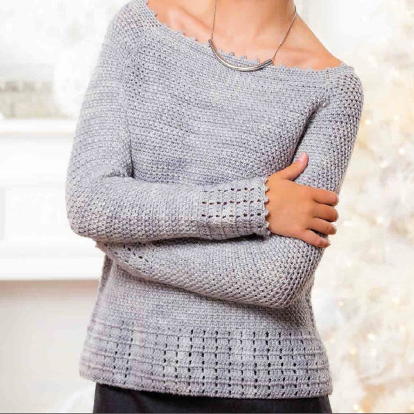 CROCHET PATTERN Sweater Women Boatneck/Vintage Knit Pattern/Instant PDF Download/Crochet Silver Sweater Pullover Pattern