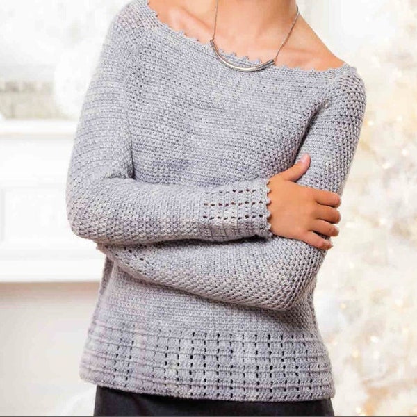 Boatneck Sweater CROCHET PATTERN Women Boatneck/Vintage Knit Pattern/Instant PDF Download/Crochet Silver Sweater Pullover Pattern