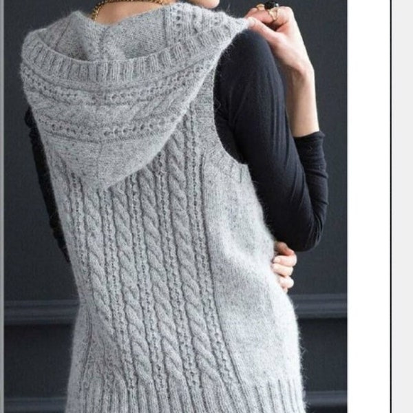 KNITTING PATTERN Hoodie Vest Jacket Dk Yarn/Cable Hoodie Vintage Pattern/Instant PDF Download/Women Sleeveless Gilet Top Sweater Pattern