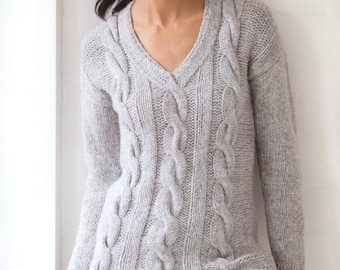 KNITTING PATTERN Cable V Neck Sweater Women/aran Cable Pullover Knit Pattern/Instant PDF Download/Womens Top Cable Sweater Pattern
