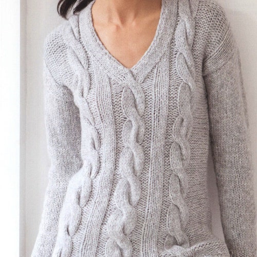 KNITTING PATTERN Cable V Neck Sweater 