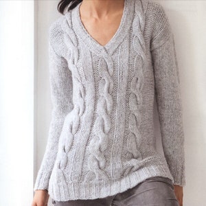 KNITTING PATTERN Cable V Neck Sweater Women/aran Cable Pullover Knit Pattern/Instant PDF Download/Womens Top Cable Sweater Pattern