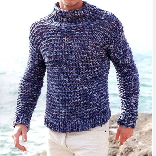 KNITTING PATTERN Men's Sweater Easy Men's Pullover Beginner -- Super Chunky Yarn Men's Top Pullover -- Instant PDF Download -- Gift For Him