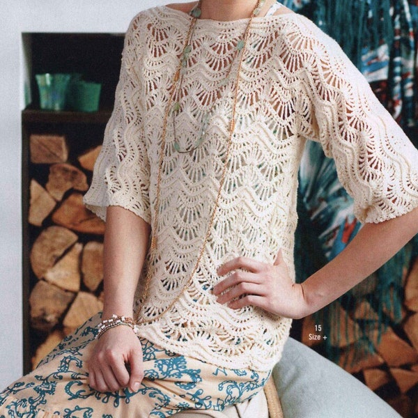 Lace Top CROCHET PATTERN Summer Sweater Women Boatneck/Fingering Yarn Vintage Pattern/Instant PDF Download/Crochet Top Pullover Pattern