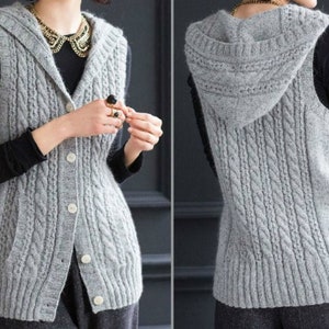 Hooded Top Jacket KNITTING PATTERN Dk Yarn/Cable Hoodie Vintage Knit Pattern/Instant PDF Download/Women Sleeveless Gilet Top Sweater Pattern