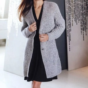 KNITTING PATTERN Easy Ribbed Coat Jacket Women Fine Sport Yarn/Long Cardigan Knit Vintage Pattern/Instant PDF Download/Women Coat Pattern