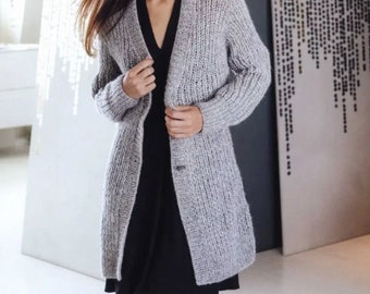 KNITTING PATTERN Easy Ribbed Coat Jacket Women Fine Sport Yarn/Long Cardigan Knit Vintage Pattern/Instant PDF Download/Women Coat Pattern