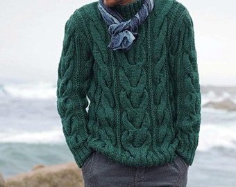 Men's Sweater KNITTING PATTERN Cable Aran -- Chunky Yarn Men's Fisherman Cable Pullover -- Instant PDF Download --Green Top Men