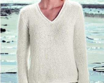 PDF KNITTING PATTERN Easy Knit Top ⨯ Simple Loose V-Neck Sweater Pattern ⨯ Featherweight Yarn Jumper, Beginner Sweater Vintage Knit Pattern