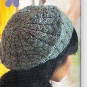 May include: A gray knitted beret with a cable knit pattern.