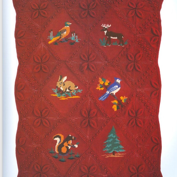 KNITTING PATTERN Woodland Animals Afghan Throw /Aran Yarn Instant PDF Download/Blanket Knit Bedspread Squirrel Bird Tree/Housewarming Gift