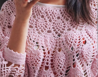 Patrón de crochet para suéter de mujer con encaje/Patrón vintage/Descarga instantánea en PDF/Patrón de jersey rosa de crochet
