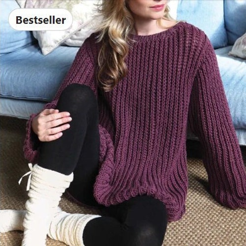 Easy Ribbed Plum Sweater KNITTING PATTERN Women/Aran Yarn Beginner Chunky-Look Burgundy Pullover Pattern/Instant PDF Download/Women Top Easy