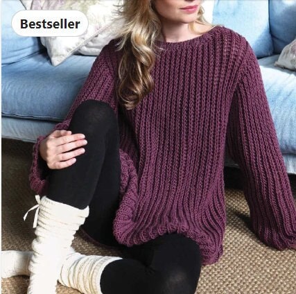 Easy Ribbed Plum Sweater KNITTING PATTERN Women aran Yarn Beginner