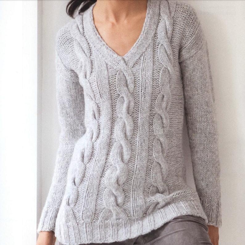 KNITTING PATTERN Cable V Neck Sweater Women/aran Cable Pullover Knit Pattern/Instant PDF Download/Womens Top Cable Sweater Pattern image 3