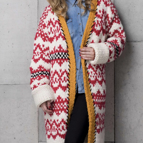 Boho Chunky Fair Isle Coat Pattern, KNITTING PATTERN Jacket Cardigan Intarsia Knitting Pattern ⨯ Oversized Sweater Knit Pattern