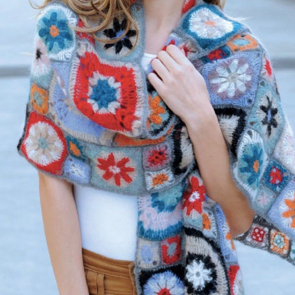 Boho Crochet Shawl CROCHET PATTERN Women/Granny Square Scarf Poncho Cape Capelet/Instant PDF Download/Shawl Scarf/Gift idea