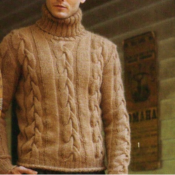 KNITTING PATTERN Mens Top Sweater/Medium Yarn Vintage Knit Pattern/Instant PDF Download/Cable Pullover Mens Pattern