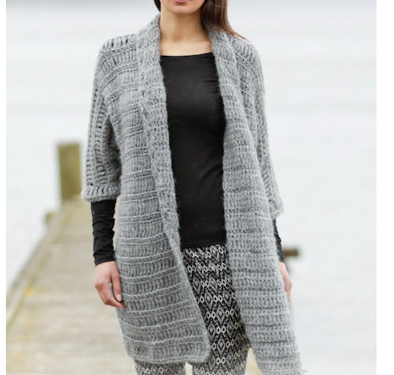 Cosy Cardigan CROCHET PATTERN Women Super Chunky Yarn S 3XL Instant PDF Download Gray Crochet Cardigan Sweater Pullover Pattern Beginner