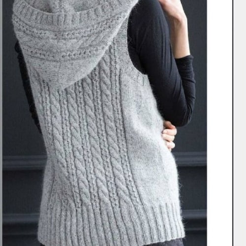 KNITTING PATTERN Hoodie Vest Jacket Dk Yarn/Cable Hoodie Vintage Pattern/Instant PDF Download/Women Sleeveless Gilet Top Sweater Pattern
