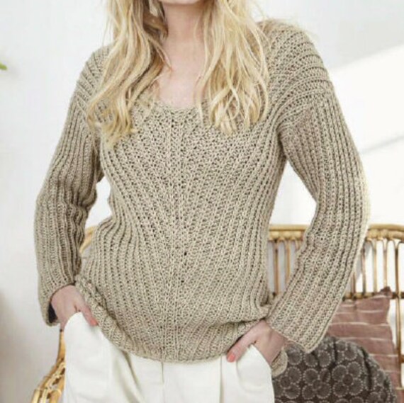 KNIT PATTERN Ribbed Knit Top Sweater X Ribbed V-neck Top