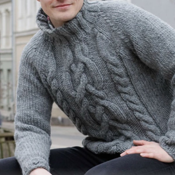 Men's Sweater Turtleneck KNITTING PATTERN Cable -- Super Chunky Yarn Men's Cable Pullover Vintage Pattern -- Instant PDF Download