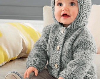 Veste à capuche bébé tricot modèle PDF grosse veste à capuche lutin/tailles 3-24 m/téléchargement instantané/motif vintage/bébé simple en tricot pour tout-petit