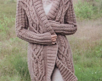 KNITTING PATTERN Aran Cable Coat Jacket Chunky Sweater Women/Cable Cardigan Knit Pattern/Instant PDF Download/Womens Top Cable Coat Pattern