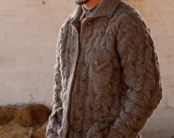 KNITTING PATTERN Men Cardigan Jacket Cable/Chunky Yarn/Mens Coat Cardigan Sweater Pullover/Instant PDF Download