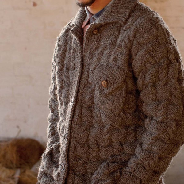 KNITTING PATTERN Men Cardigan Jacket Cable/Chunky Yarn/Mens Coat Cardigan Sweater Pullover/Instant PDF Download