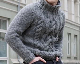 Men's Turtleneck Top KNITTING PATTERN Cables -- Super Chunky Yarn Men's Cable Pullover Vintage Pattern -- Instant PDF Download