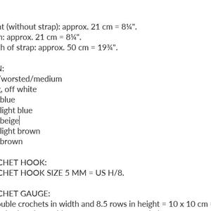 May include: Text details for a crochet project, including size, yarn colors (off white, blue, light blue, beige, light brown, brown), and crochet hook size (5 mm = US H/8). The height and width are approximately 8 1/4 inches.