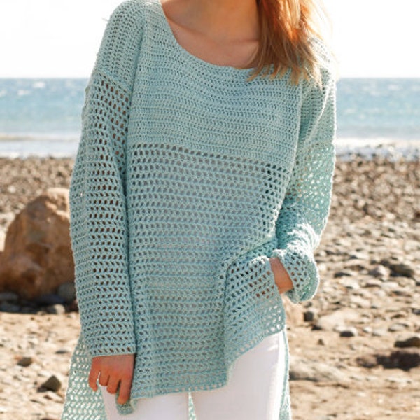 CROCHET PATTERN Easy Summer Sweater Women/Dk Yarn Vintage Pattern/Instant PDF Download/Turquoise Pullover Pattern Beginner