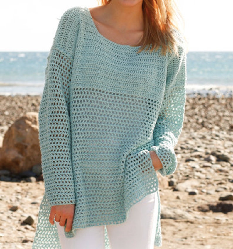 Super Easy CROCHET PATTERN Summer Sweater Women/Dk Yarn Vintage Pattern/Instant PDF Download/Turquoise Pullover Pattern Beginner image 1