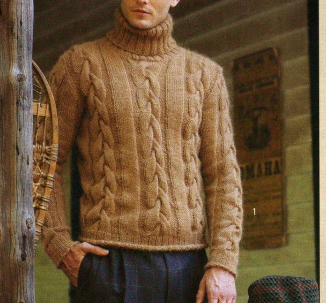 Men Turtleneck Sweater KNITTING PATTERN Mens Top Cable medium Yarn Vintage Knit Pattern instant PDF Download easy Pullover Mens Pattern Etsy