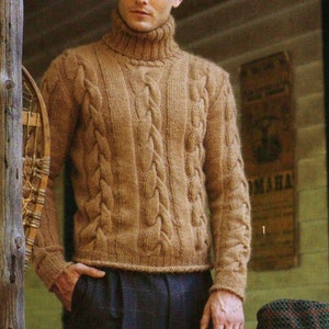 May include: A brown cable knit turtleneck sweater with a ribbed collar and cuffs.