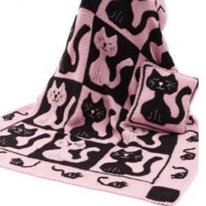 MOTIVO ALL'UNCINETTO coperta gatto/cuscino/filato pettinato/download istantaneo - modello vintage di tiro e cuscino gatto topo/coperta copriletto/decorazione per la casa