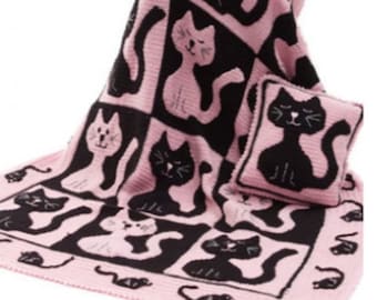 Cat Blanket CROCHET PATTERN - Worsted Yarn Instant PDF Download - Vintage Cat Mouse Throw and Pillow Pattern/Blanket Bedspread
