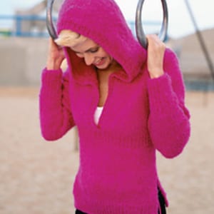 Hoodie Top KNITTING PATTERN Sweater Women/Worsted Medium Yarn Hooded V-Neck Pullover Pattern/Instant PDF Download/Womens Top Easy