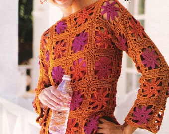 Summer Top Women CROCHET PATTERN Boho Beach Granny Square Tunic/Worsted Yarn/Vintage Pattern /Instant PDF Download/Loose Fit Knit Sweater
