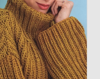 Easy Ribbed Sweater KNITTING PATTERN Women/Aran Yarn Beginner Chunky-Look Burgundy Pullover Pattern/Instant PDF Download/Women Top Easy