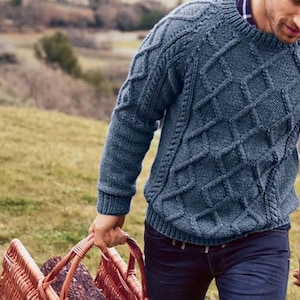 Men&#39;s Sweater KNITTING PATTERN Cable Aran/Worsted Medium Yarn Men&#39;s Fisherman Cable Pullover -- Instant PDF Download/Vintage Pattern Men
