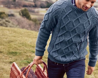 Men's Sweater KNITTING PATTERN Cable Aran/Worsted Medium Yarn Men's Fisherman Cable Pullover -- Instant PDF Download/Vintage Pattern Men