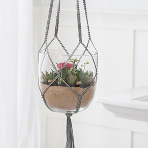 May include: A clear glass hanging planter with a grey macrame holder. The planter contains succulents, small rocks, and soil. The macrame has a tassel at the bottom. The background is a white wall and a white countertop.