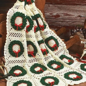 Holiday Wreath Afghan PDF CROCHET PATTERN Throw/Worsted Yarn/Instant Download/Vintage Christmas Blanket Pattern/Christmas Gift Idea