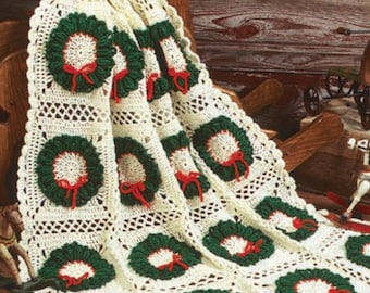 PDF CROCHET PATTERN Christmas Afghan Throw/Worsted Yarn/Instant Download/Vintage Holiday Wreath Blanket Pattern/Christmas Gift Idea