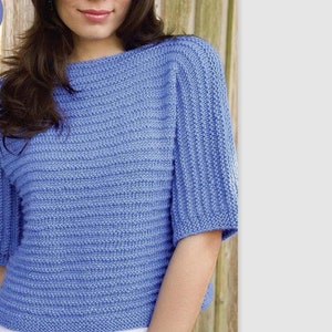 Peut inclure: Un pull en tricot bleu clair à manches courtes. Le pull a une texture côtelée.